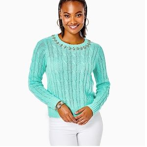 Lilly Pulitzer Dario Embellished Cable-Knit Sweater, Surf Blue, Size XL, NWT